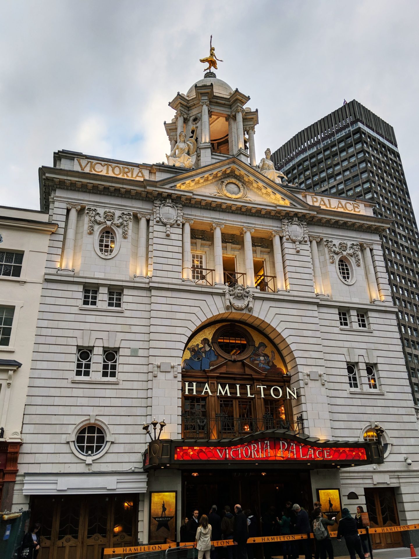 exterior of victoria palace london where the musical hamilton is currently playing